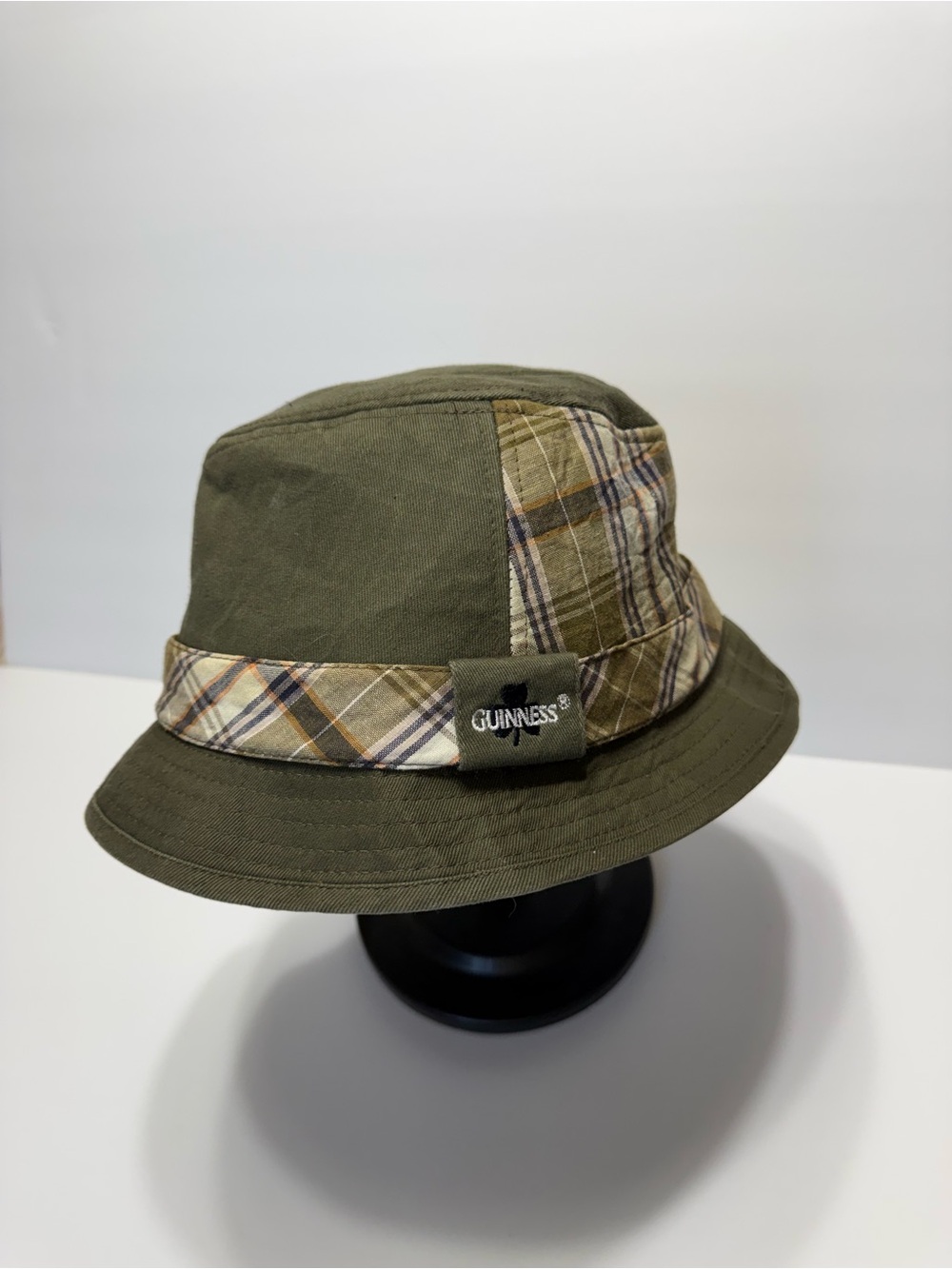 Guinness Olive Green Plaid Bucket Small Brim Fedora Hat